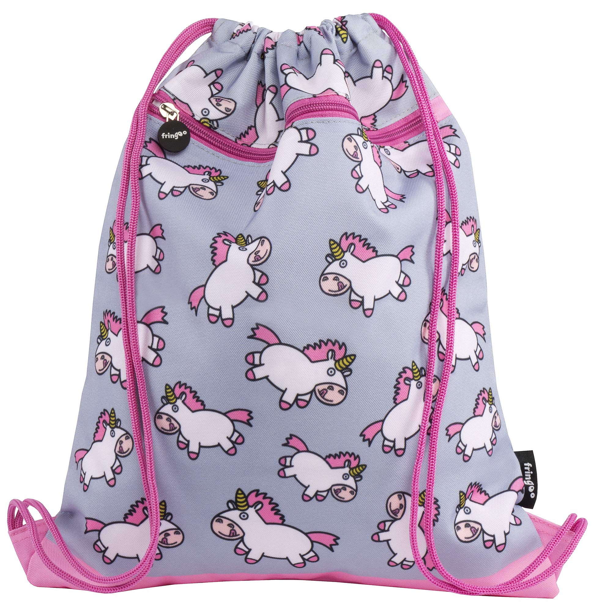 Fringoo - Kids Drawstring Bag - Front Zipped Pocket - Large Capacity Drawstring Bag - PE Bag - School - Gym - Swim - Pastel Chubby Unicorn Design