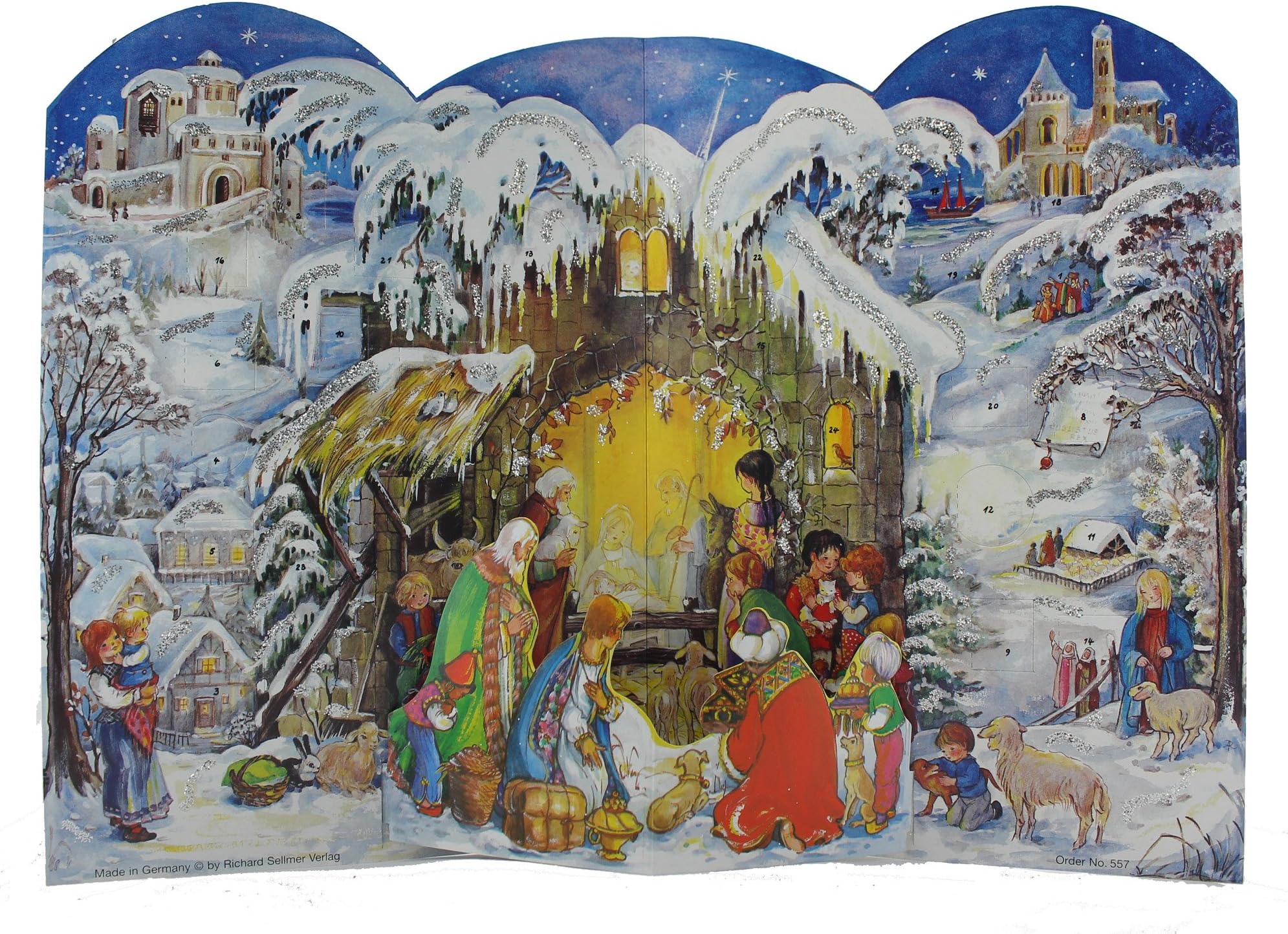Large Two Part Free Standing Advent Calendar 24 Doors 370 x 265 mm - Nativity Glitter pop up - with Glitter and Translucent Windows - RS 557 - Traditional Antique German Design
