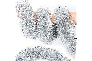 GRASTFU 50 Feet Silver Christmas Tinsel Garland for Christmas Tree Decorations, Metallic Twist Shiny Tinsel Hanging Xmas Garlands for Stairs Mantle Fireplace Home Indoor Outdoor Holiday Party Suppliers Decor