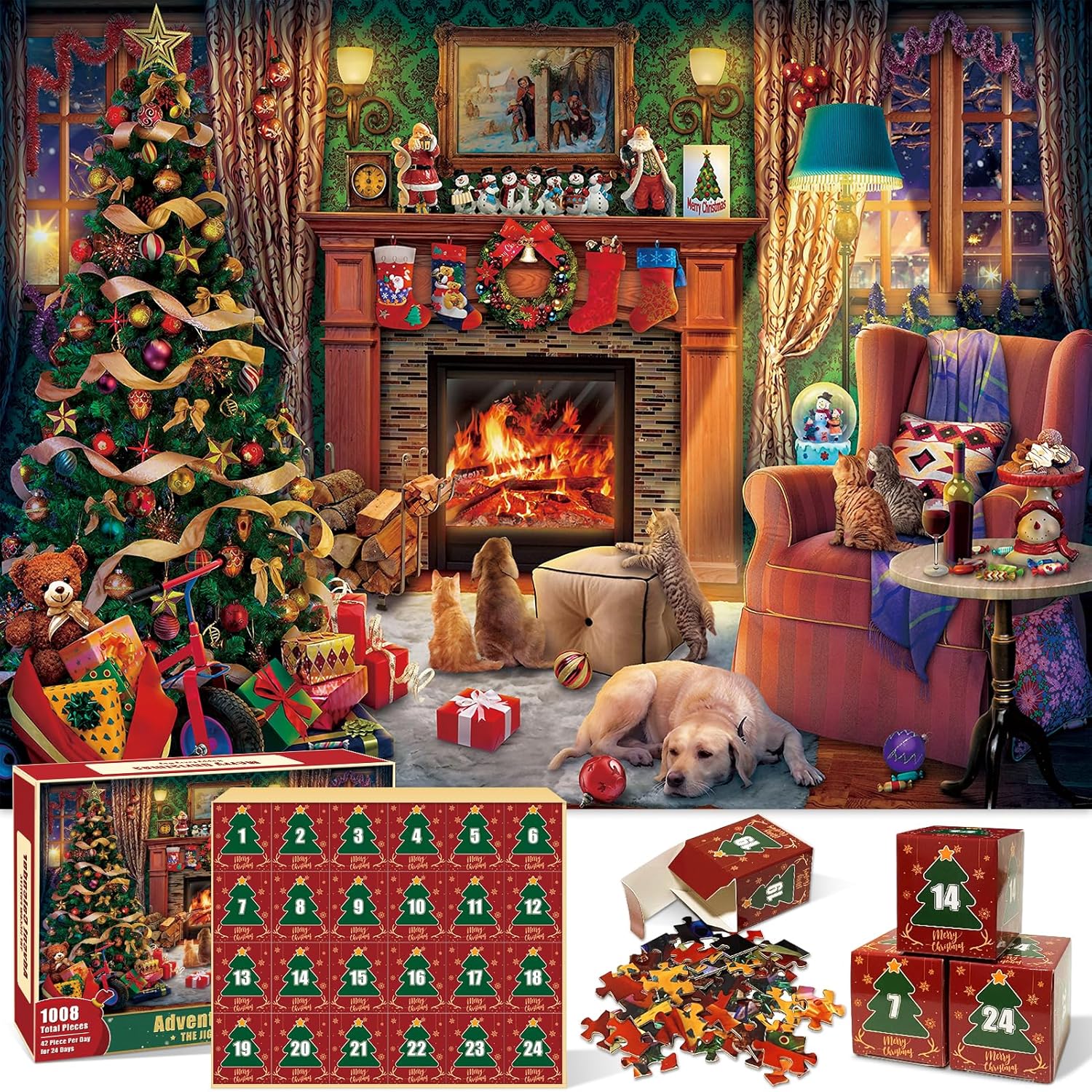 Advent Calendars - Advent Calendar 2023, Advent Calendar Puzzles for Adults and Kids, 24 Boxes 1008 Pieces Christmas Tree Fireplace Jigsaw Puzzles, Christmas Countdown Calendar for Boys Girls Teens(27.6 in x 19.7 in)
