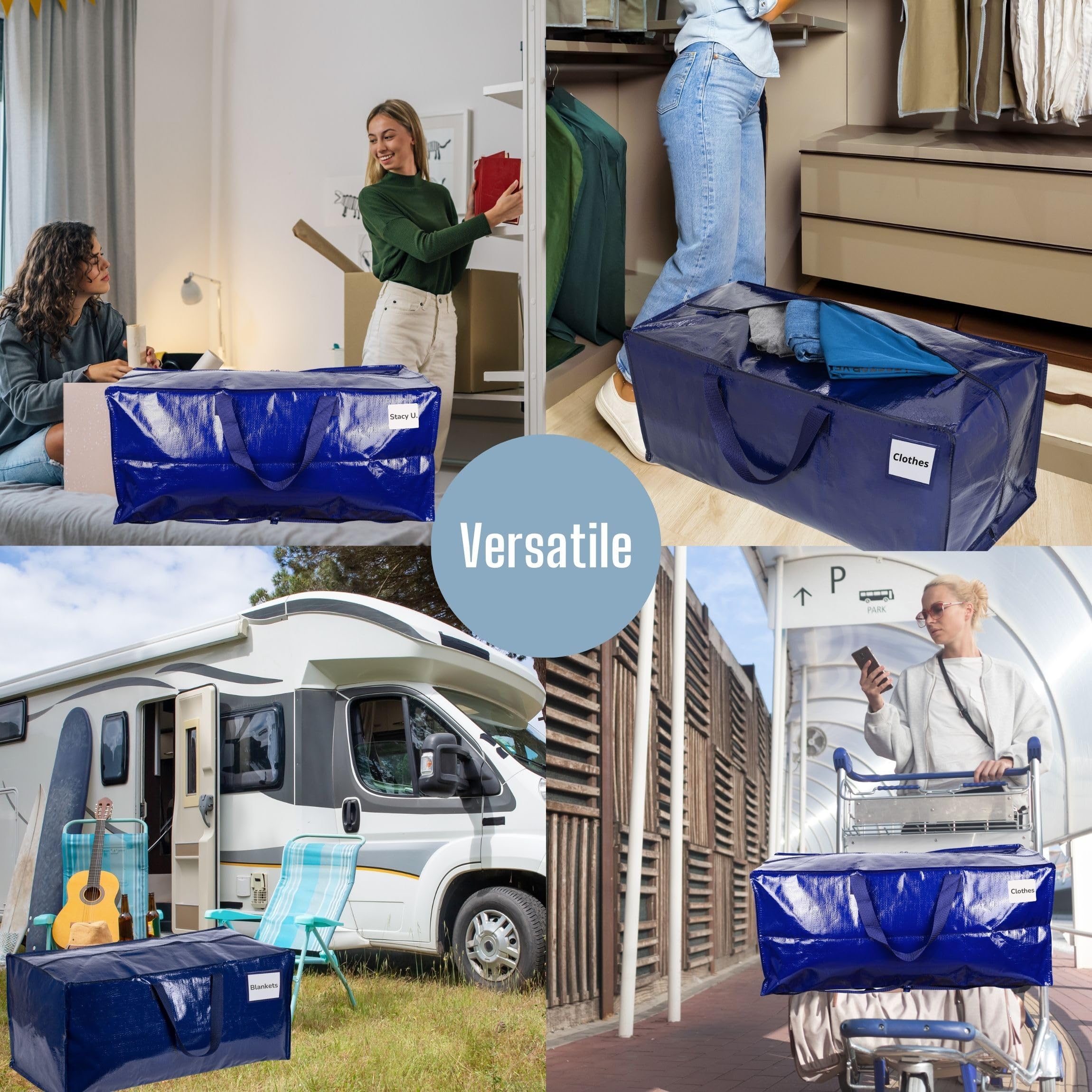 VENO 6 Pack Moving Bags w/Backpack Straps, Heavy Duty, Moving Boxes Alternative, Packing Supplies, Large Storage Totes for Dorm Room Essentials with Zipper for Clothes (Blue, 6 Pack)