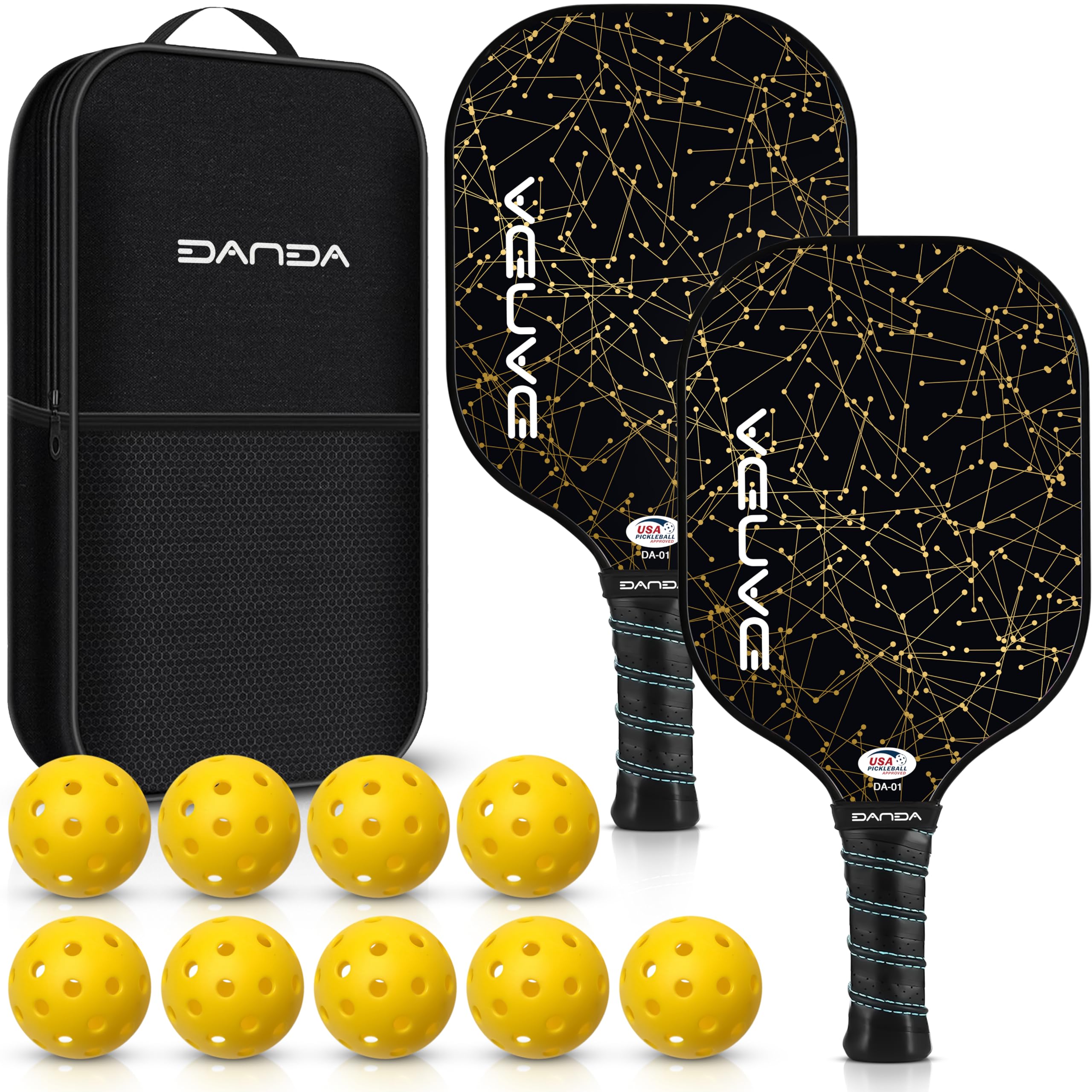 DANDA Pickleball Paddles, USAPA Approved Fibreglass Surface – with a Honeycomb Composite Core – Durable and Lightweight – Pickleball Set with EXTRA 9 Outdoor Balls and Carry Case