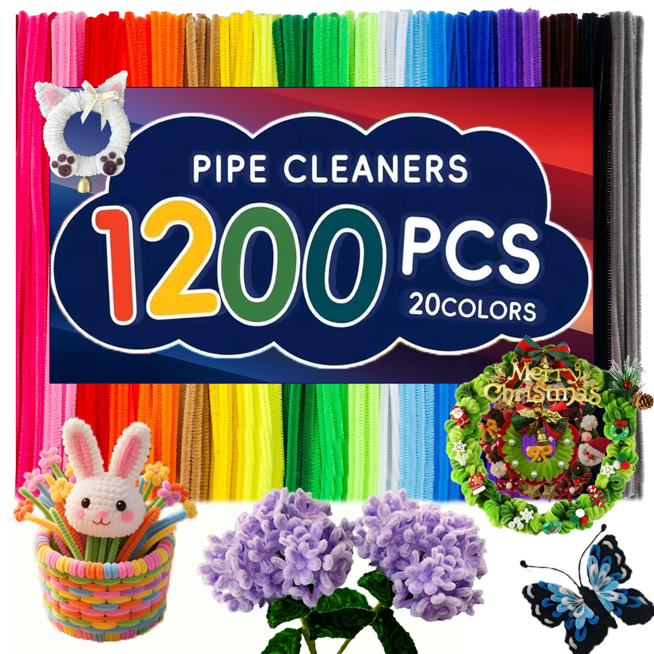 Photo 1 of 1200pcs  Cleaners Craft, 20colors Pipe Cleaners Bulk for Arts and Crafts Supplies Multi-Color Chenille Stems DIY Project Room Decor(12inch*6mm)