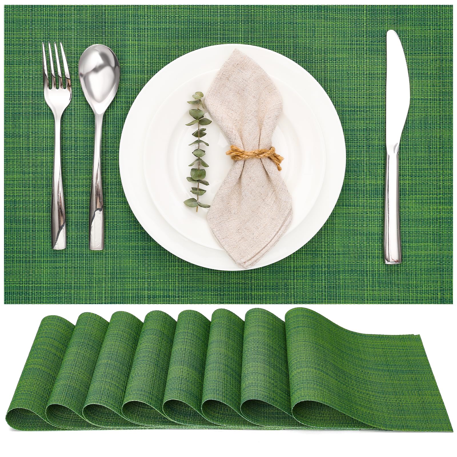Myir JUN Table Mats Set of 8, Place Mats Table Placemats Washable Non-slip Heat Insulation Woven Vinyl for Kitchen Dinning Restaurant 17"X12" (Dark Green)