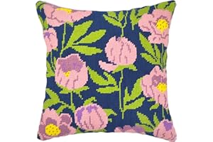 Howie's Needlepoint Needlepoint Kits for Adults, Pillow Front Cross Stitch Kit with Embroidery Pattern on Canvas, Yarn, 2 Needles and Instruction, 16 x 16inch(Pink Tulips-Dark)