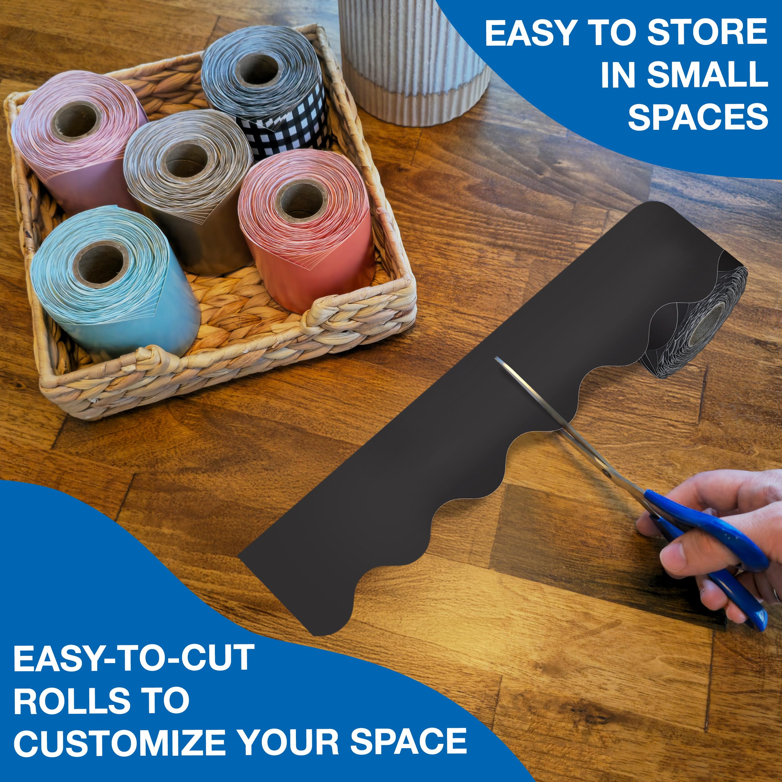 Carson Dellosa 65Ft of Black Bulletin Board Borders, 1 Roll of Scalloped Trim for Rolling Whiteboard, Cork and Posterboard, Party, Office Decorations, and Classroom Decor