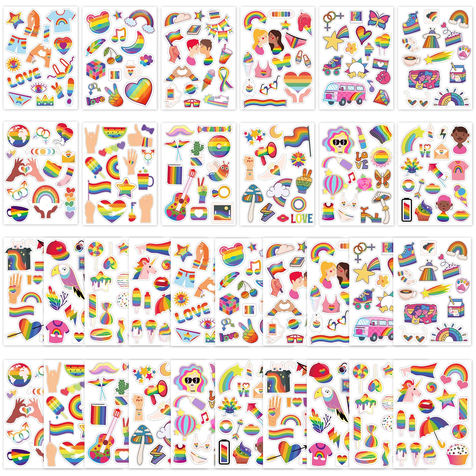 32 Sheets/480+pcs Gay Pride Stickers, Rainbow Sticker Decor for Queer Trans Bi Lesbian LGBTQ Accessories for Laptop Car Helmet Water Bottle Skateboard Party Decoration