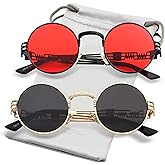 AIEYEZO Round Steampunk Sunglasses for Men Women Retro Circle Hippie Glasses Metal Frame 100% UV Blocking Lens