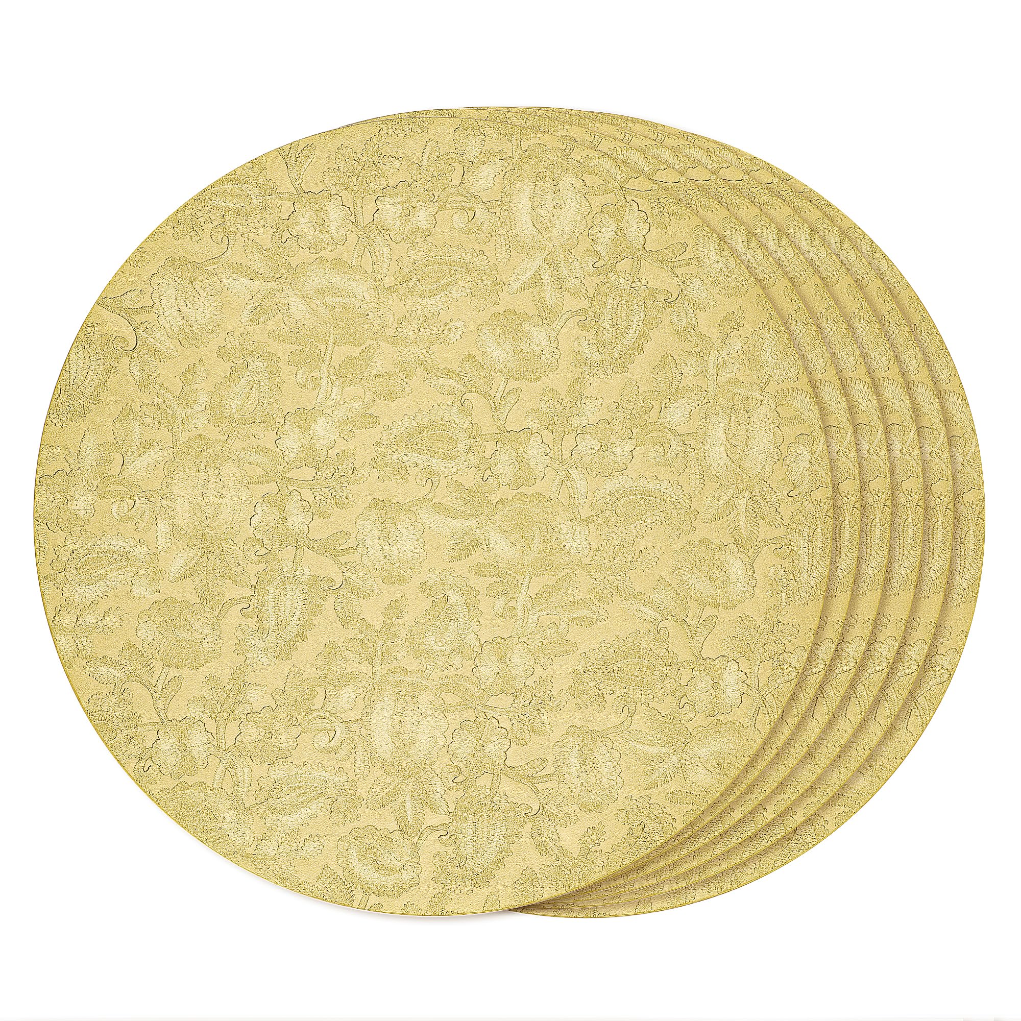 fanquare Gold Placemats Sets of 6 Round Floral Printed PU Faux Leather Table Mats Heat Resistant Wipeable Non-Slip Tablemats for Dining Kitchen Table Wedding Decoration 38cm