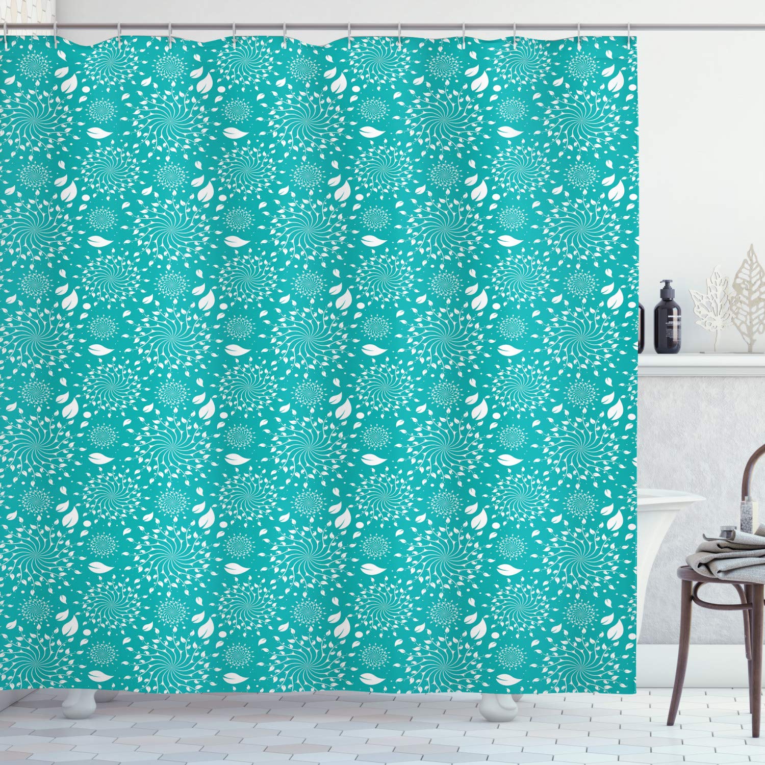 ABAKUHAUS Turquoise Shower Curtain, Blossoming Nature Theme Swirls Vortex Leaves Stalks and Dots Vintage Pattern, Fabric Bathroom Decor Set with Hooks, 78" Inches, Turquoise White