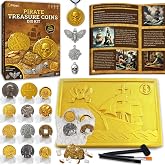 PIBEX Pirate Treasure Coins Dig Kit, 16+ Ancient Metal Coins &amp; Skull Charms | Excavate Coin Replicas with Stands, Fool's Gold, Necklace Making, Collector Kit, STEM Treasure Hunt Toy for Kids Ages 6+