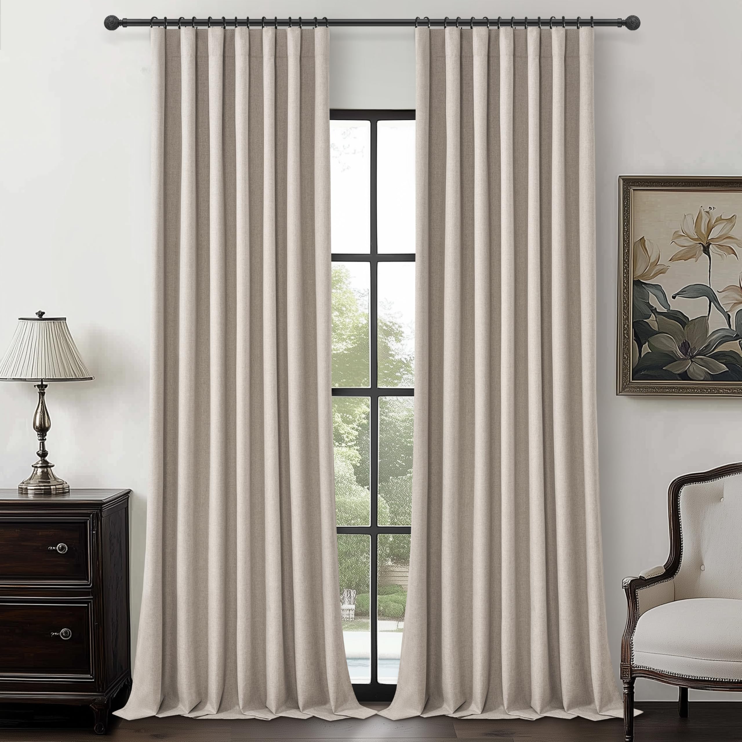 Photo 1 of Grayish Flax Linen Blend Black Out Curtains 96 Inch Long for Living Room 2 Panels Set, Elegant Room Darkening Insulated Boho Window Drapes Bedroom Floor to Ceiling Traverse Track Curtain Light Tan