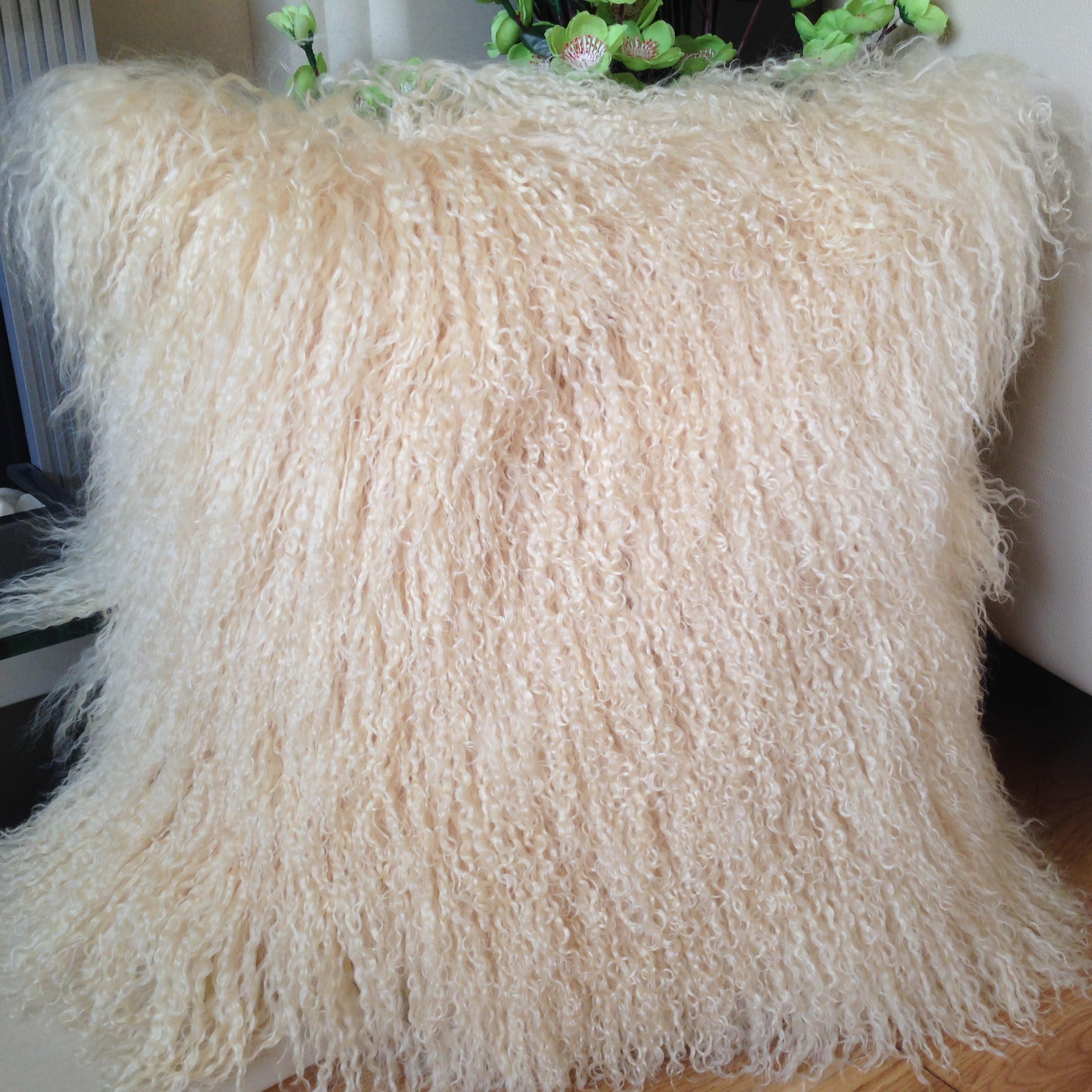 SobeautifurBlonde Yellow 40cm x 40cm Genuine Mongolian Sheepskin Long Lamb Wool Fur Cushion With Duck Feather Pad