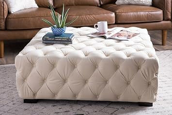 Amazon Com Comfort Creme Tufted Soft Large Velvet Fabric Square Ottoman Bench Seat Furniture Decor