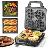 SugarWhisk 2 in 1 Mini Waffle Maker with Removable Plates, Panini Press Sandwich Maker, Sandwich Press, Waflera Electrica, Sandwichera Electrica, 4 X 4 Inch Classic Waffle Maker for Kids, Graphite