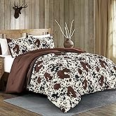 Cow Print Comforter Western theme cowboy Set Milk Cow Print brown black cream color ranch farmhouse rustic lodge Bedding Reversible matching pillow shams included western comforter set queen (Queen)