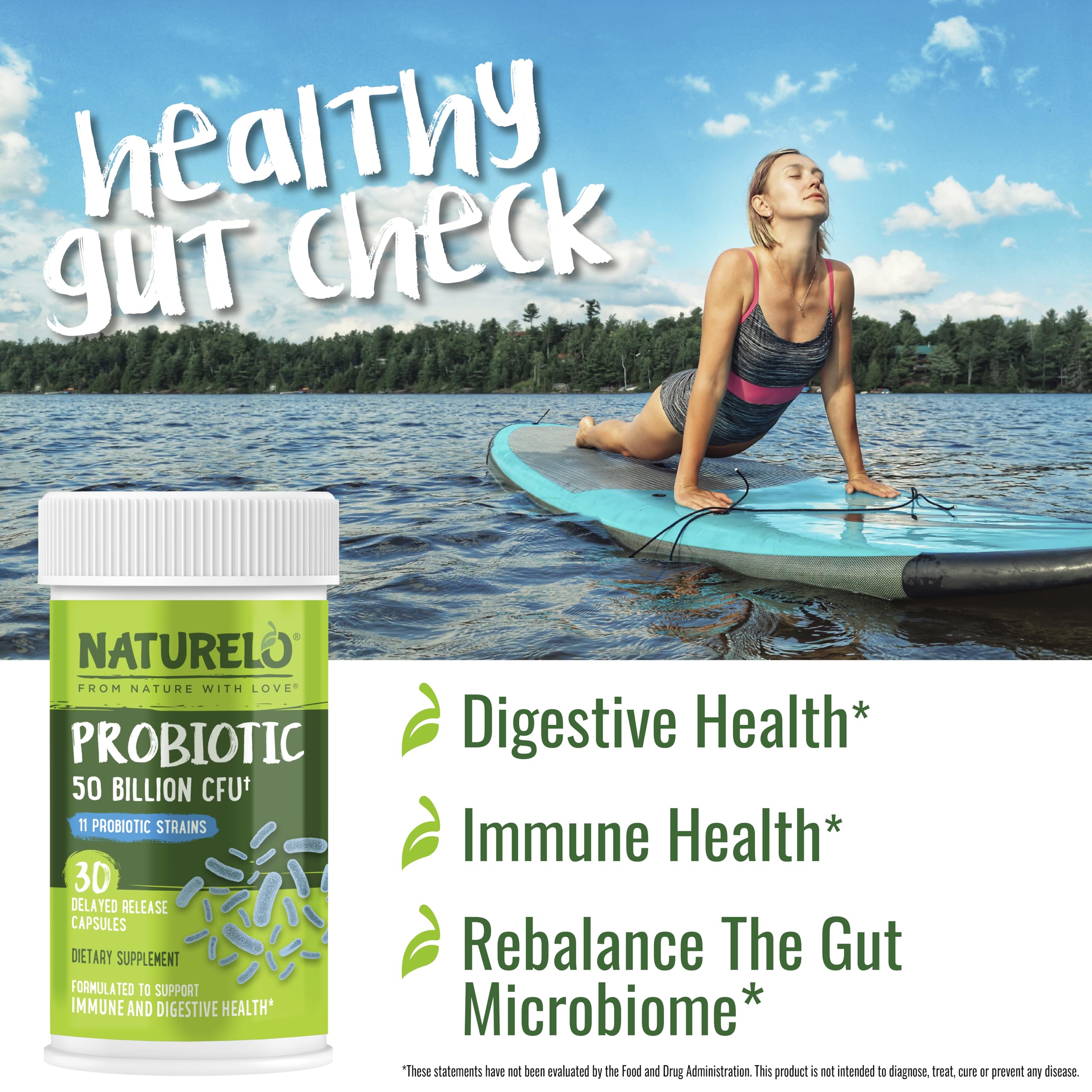 NATURELO Probiotics for Digestive Health - 50 Billion CFU, 11 Strains Daily Supplement - Boosts Immune System, Delayed Release, 30 Vegetarian Capsules