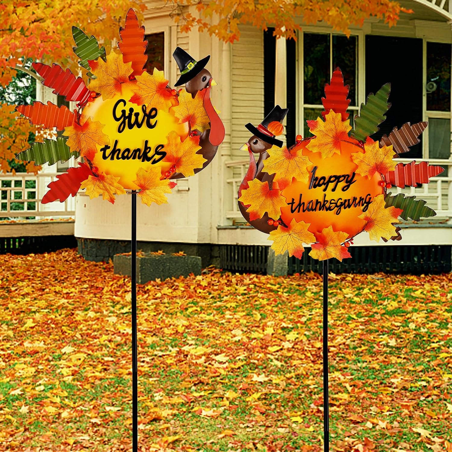 Decorative Garden Stakes - Juegoal Set of 2 Turkey Garden Stakes Thanksgiving Decor, 36 Inch Metal Fall Turkeys Yard Stakes, Give Thanks & Happy Thanksgiving Yard Signs Ornaments for Outdoor Lawn Pathway Patio