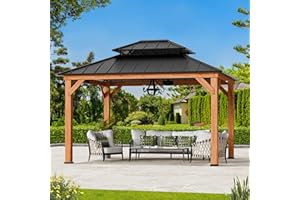 MODERN SHADE OUTDOOR LIVING SPACES Modern Shade Rosewood Wood Gazebo 10' x 12', Cedar Framed Grill Gazebo with Double Galvanized Steel Roof, Permanent Hardtop Pavilion with Sturdy Hooks for Garden, Backyard, Patio, and Deck