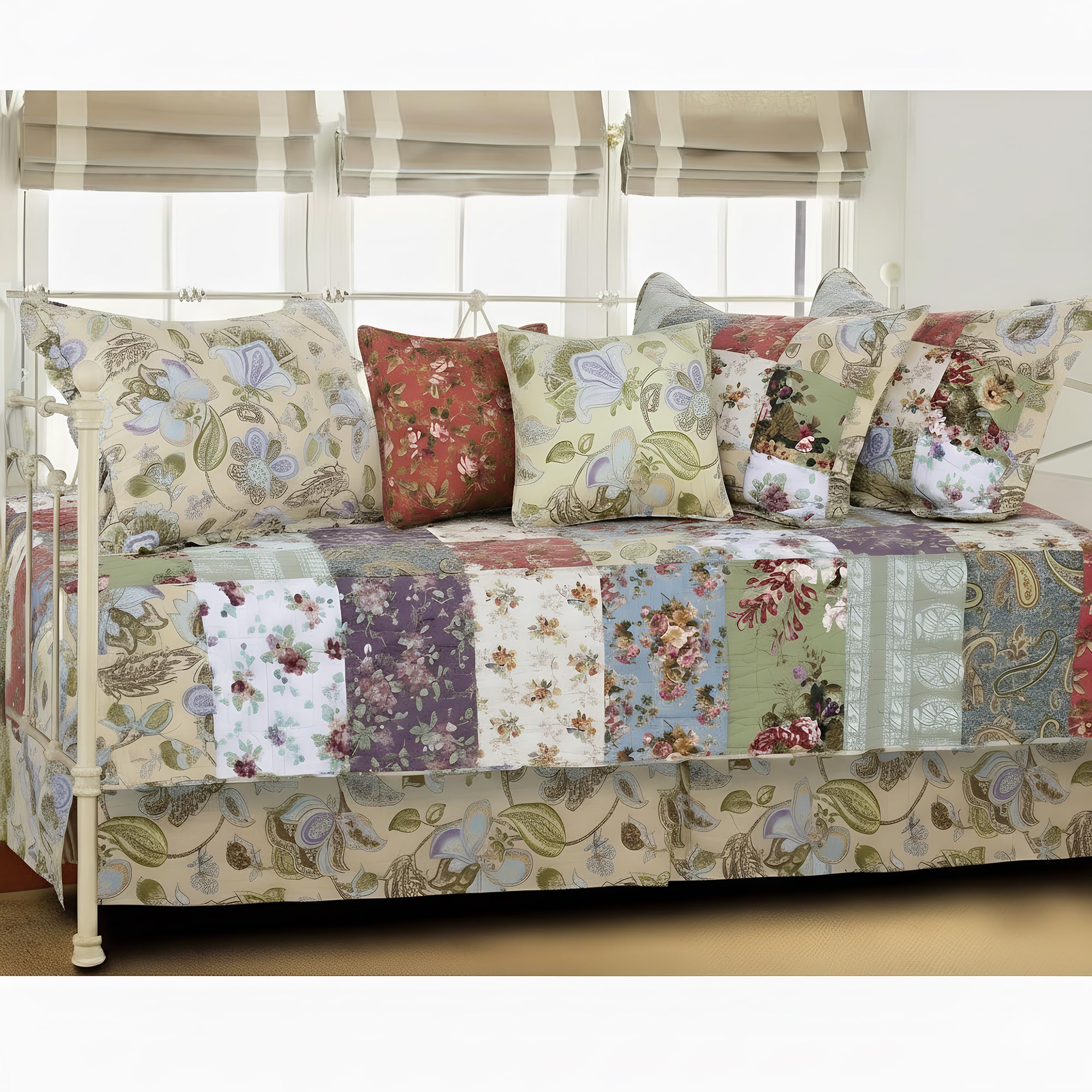 Greenland Home Fashions 100% Cotton Authentic Patchwork Quilted Daybed Set, 7 Piece, Blooming Prairie Image
