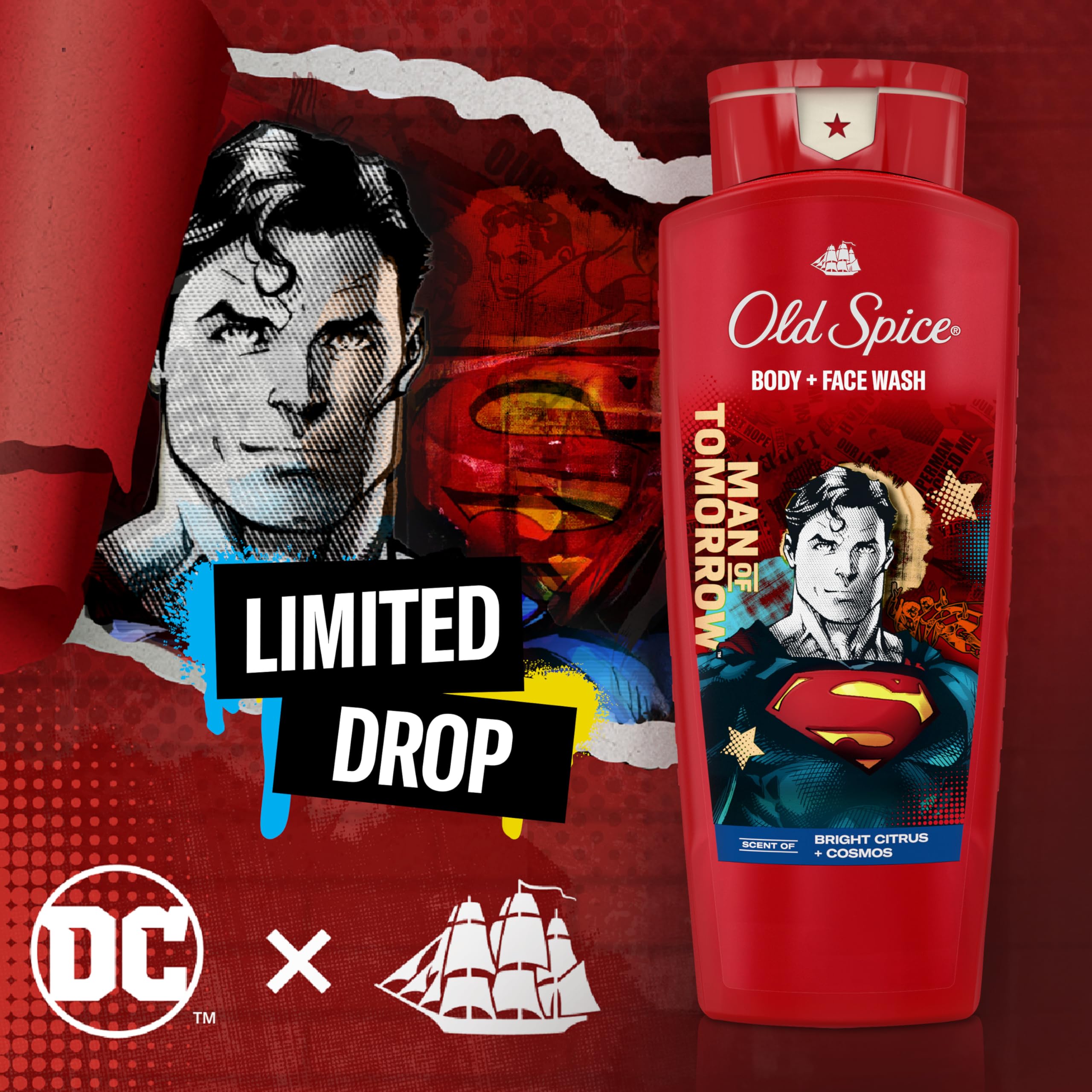 Old Spice Body Wash for Men, Superman: Man of Tomorrow, 3X Defense, 24/7 Shower Fresh with Lasting Scent, Cleansing 2-in-1 Body & Face Wash, Smell Like a Hero, Bright Citrus and Cosmos Scent, 24 oz