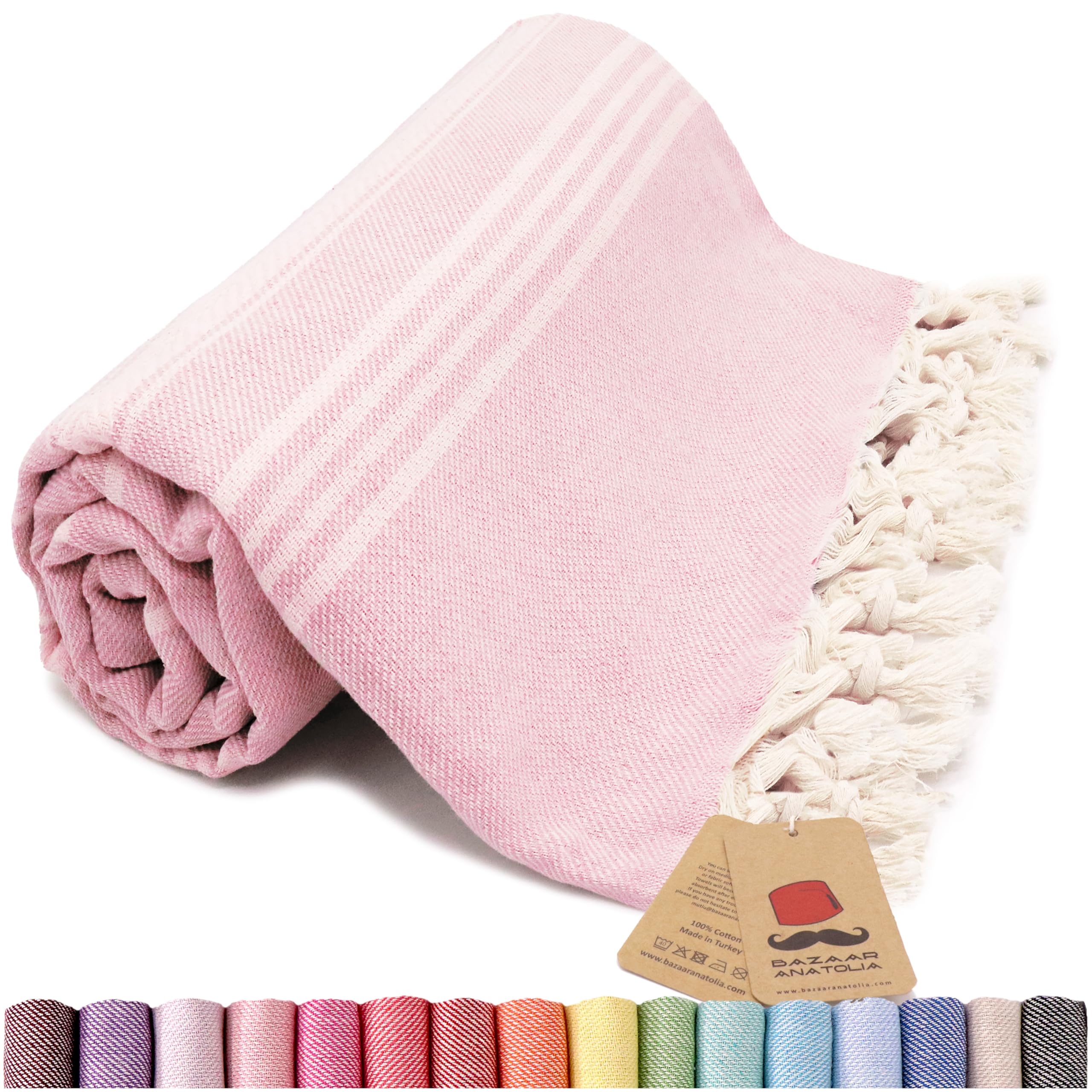 Bazaar Anatolia Turkish Beach Towel 100% Cotton Bath Towels Oversized Quick Dry Boho Farmhouse Fall Decor Sheets Bathroom Towels Sand Free Camping Blanket 71x39 inches - Stripe Pink