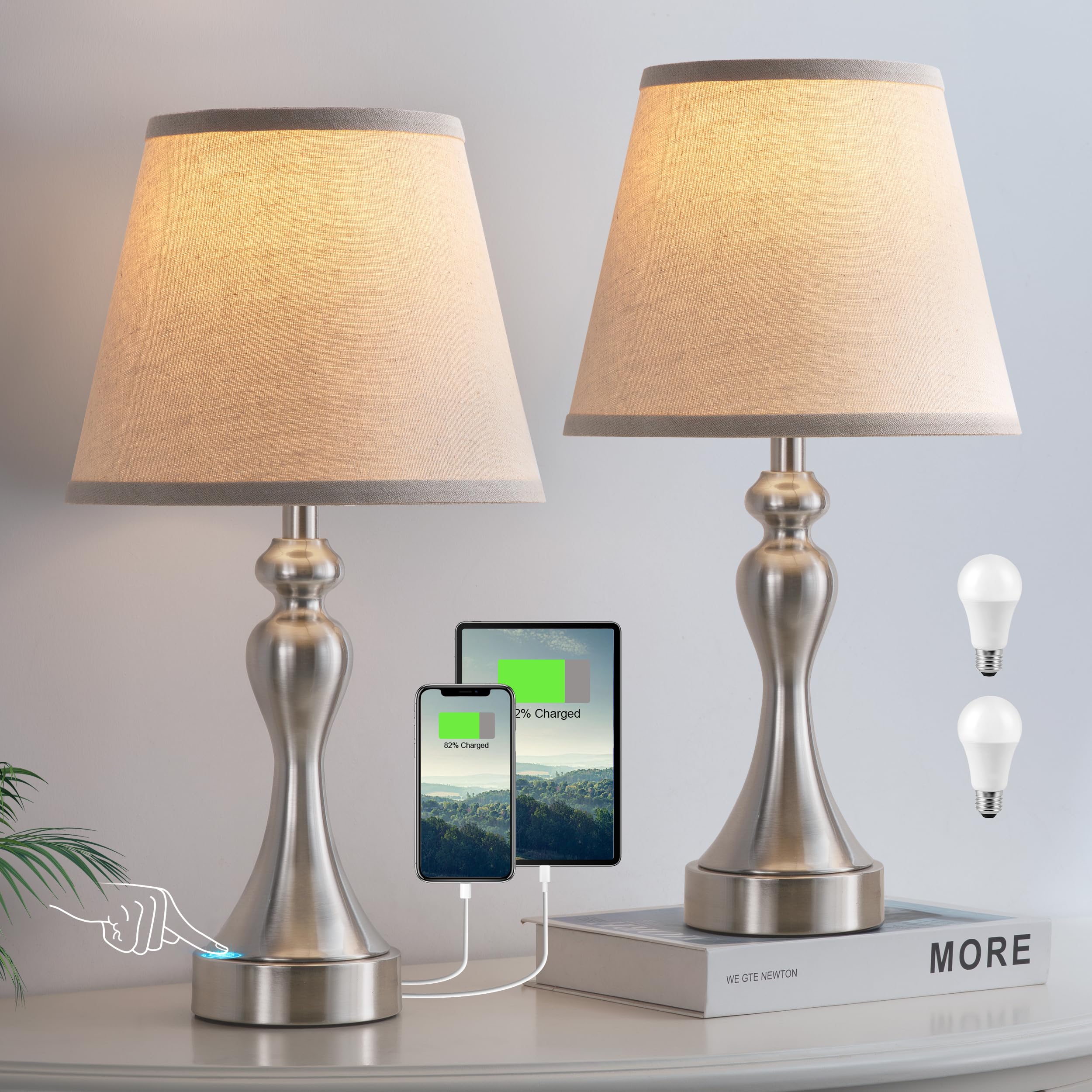 Seealle Touch Lamps for Night Stands - Bedside Lamps Set of 2, 3 Way Dimmable, USB C+A for Bedroom & End Tables (Oat&Nickel) Image