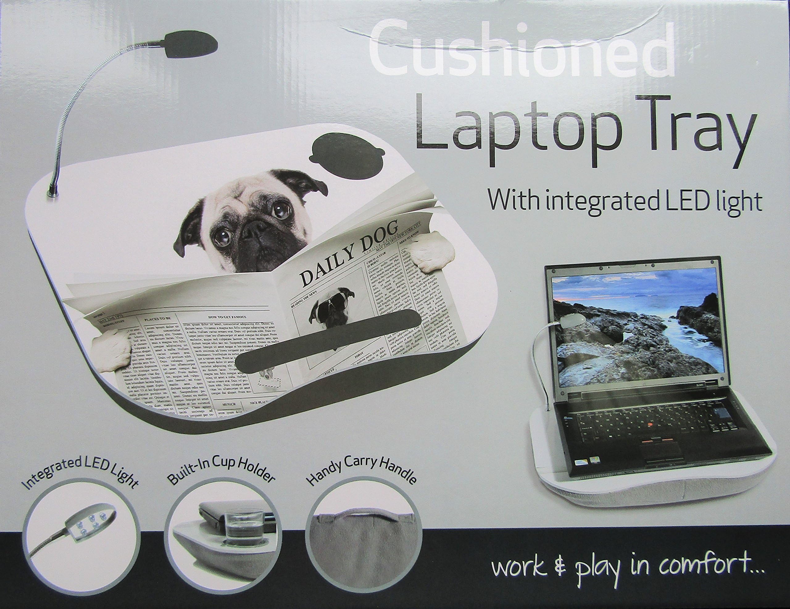 TOOL-GENIUS® LAPTOP CUSHION PORTABLE READING LAP TOP TRAY TABLE WITH 5 LED LIGHT & CUP HOLDER PLAIN GREY