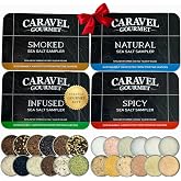 Caravel Gourmet Sea Salt Sampler Collection, 4-Pack, 24 Flavors, 0.5 oz | Spicy, infused, smoked &amp; natural cooking salts, finishing salt variety pack gift set, reusable tin