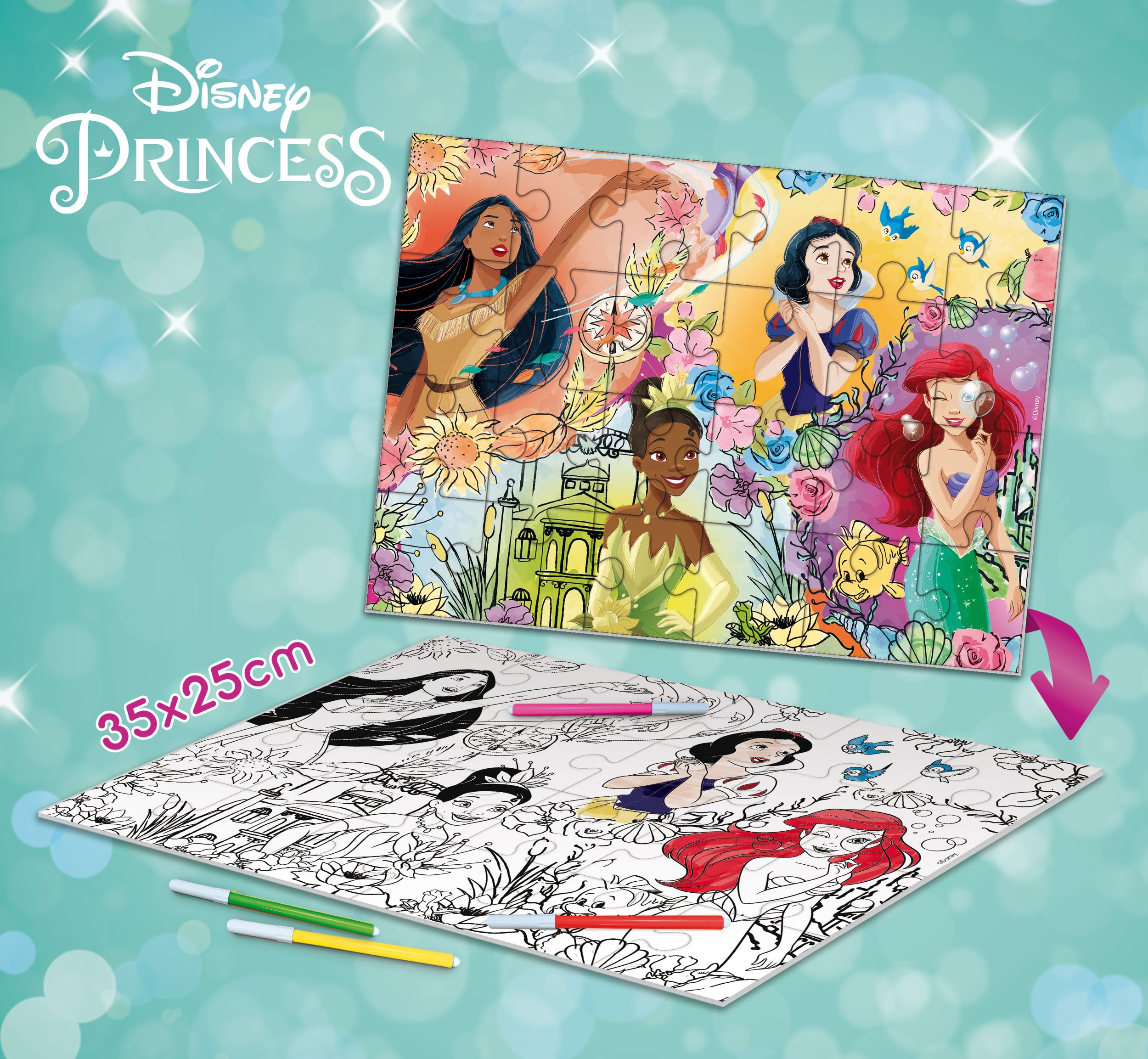 Lisciani - DISNEY PRINZESSINNEN Puzzle - 24 Teile - Für Kinder ab 3 Jahren - Puzzle mit doppelseitigem Malen mit Disney-Prinzessinnen wie Pocahontas, Schneewittchen, Ariel und Tiana 4