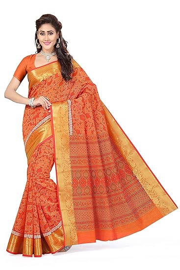 Womens Poly Cotton Saree with Blouse Piece
