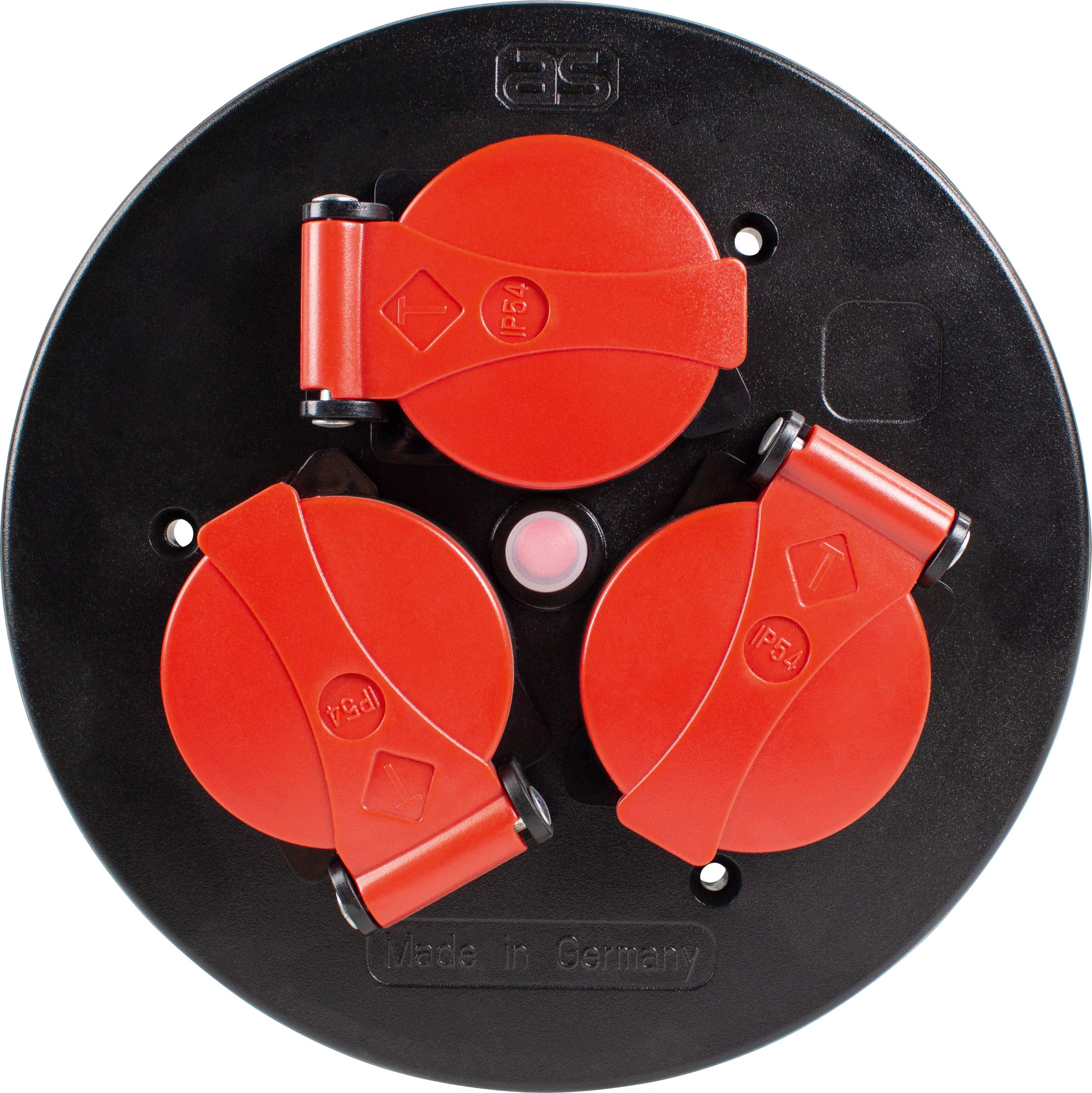 as - Schwabe 10565 3-Way Socket Insert with Red Hinged Lids and Thermal Circuit Breaker IP44 Suitable for Outdoor Use