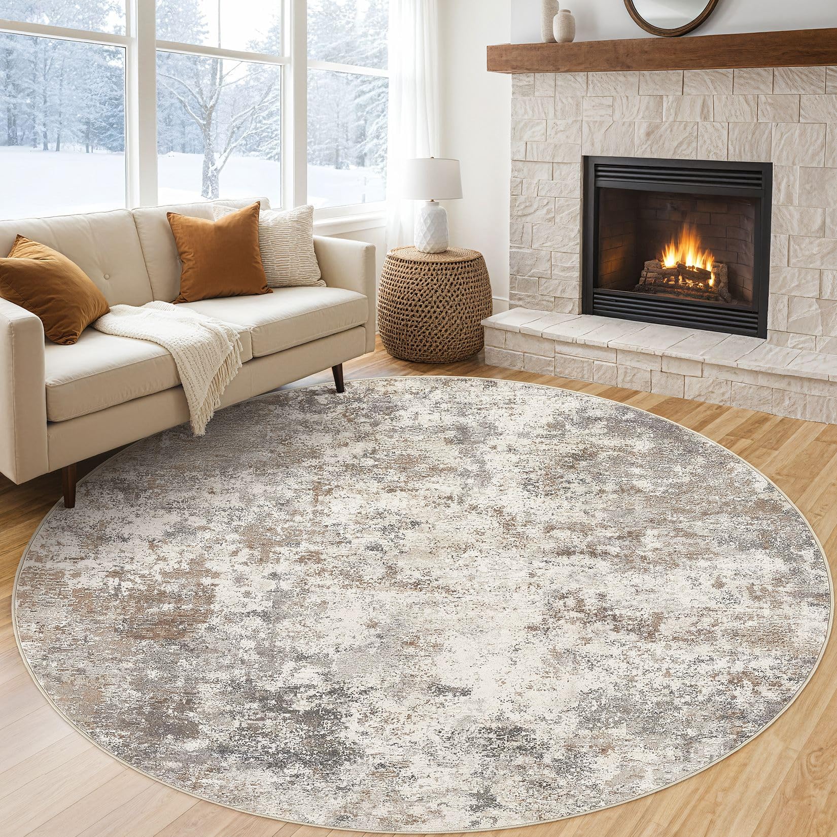 Photo 1 of UERMEI 8ft Round Area Rug Living Room Rugs - 8x8 Washable Neutral Modern Abstract Soft Thin Rug Indoor Floor No Slip Rug Carpet for Bedroom Under Dining Table Home Office Decor - Brown Grey