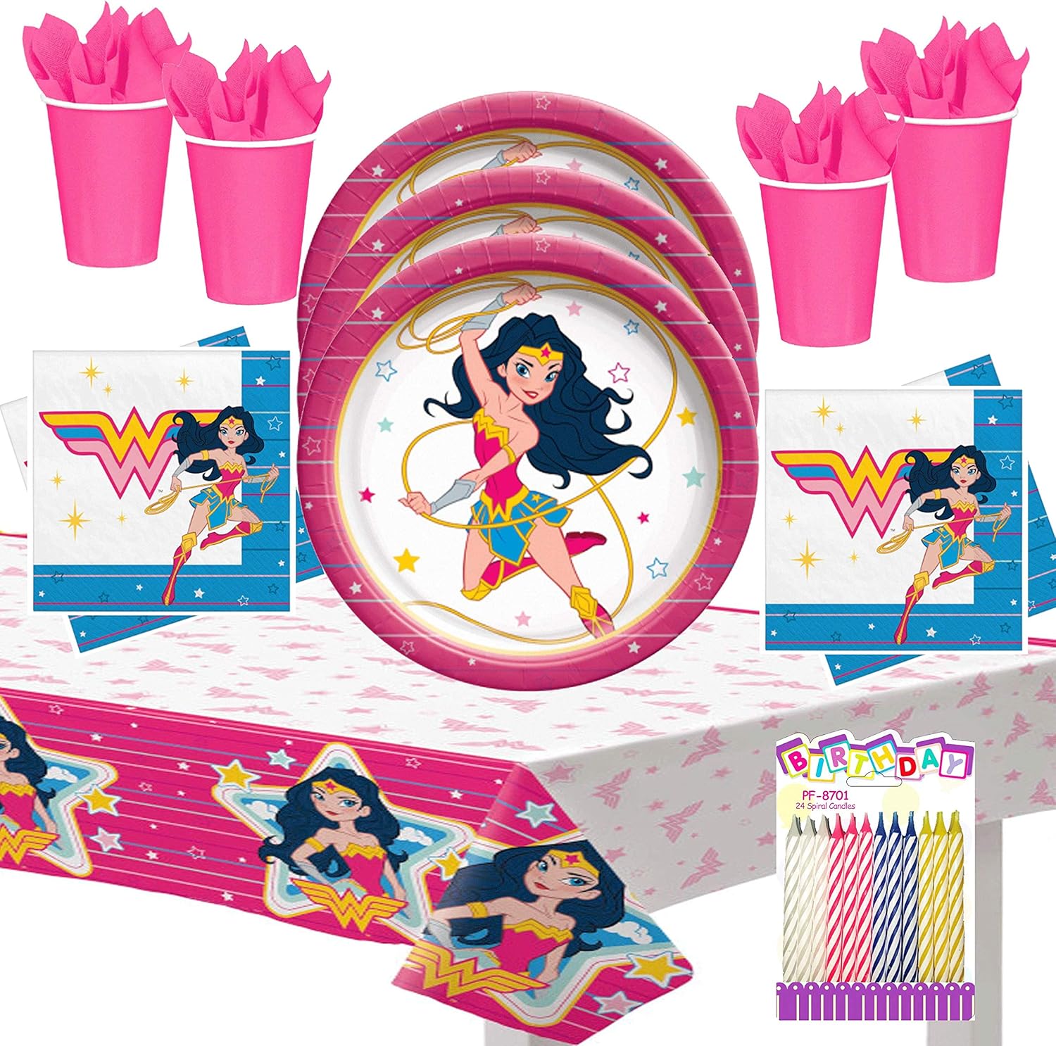 Young DC Super Hero Girls Party Supplies Pack Serves 16: 9" Plates Luncheon Napkins Cups and Table Cover with Birthday Candles (Bundle fir 16)