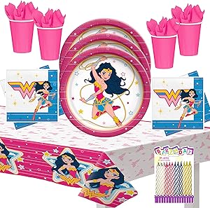 Young DC Super Hero Girls Party Supplies Pack Serves 16: 9" Plates Luncheon Napkins Cups and Table Cover with Birthday Candles (Bundle fir 16)