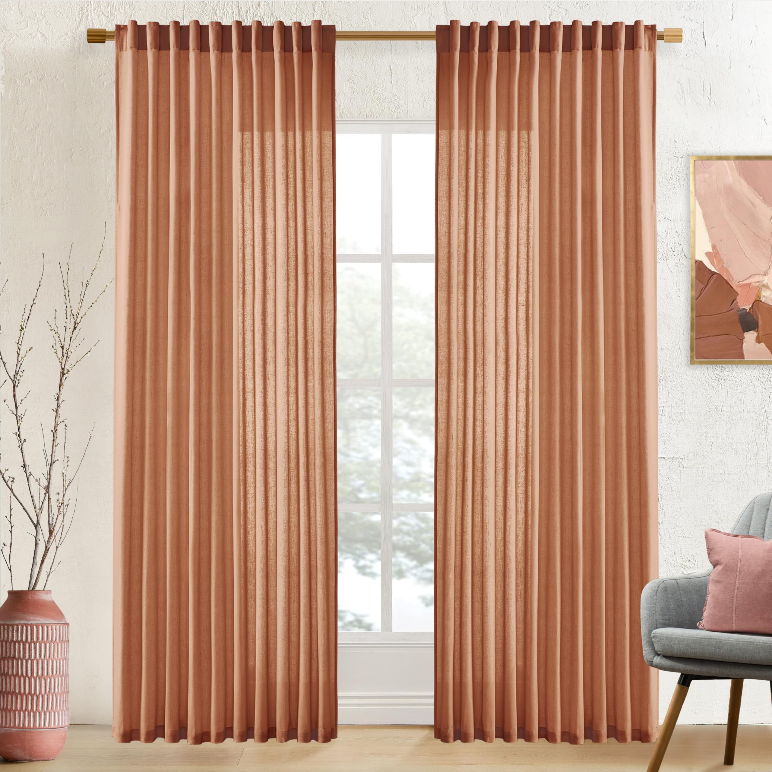 Photo 1 of XTMYI 84 Inches Long Terracotta Country Curtains for Living Room,Sheer Linen Curtains for Bedroom 70 Inches Wide