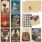 EoBeCy 48PCS African American Christmas Cards, Black Santa Holiday Greeting Card with Envelopes Stickers, Bulk Gifts Exchange Party Supplies, Multicultural Xmas Stationery for Family Friends Church