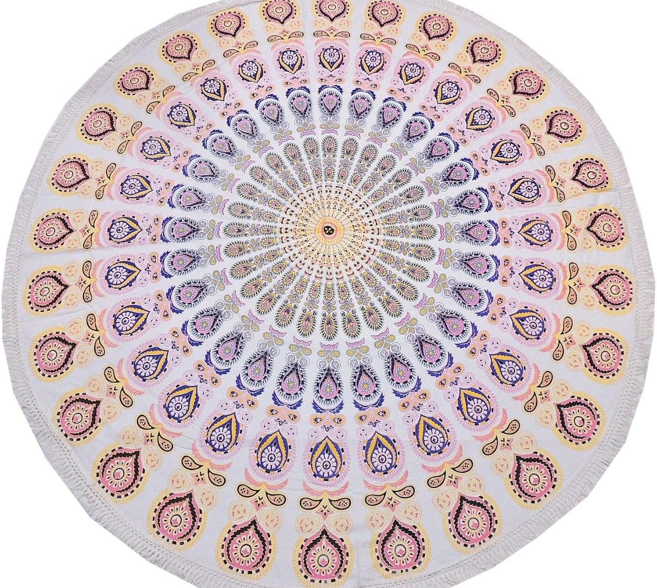 NovaHaat Pink, Yellow and Blue Peacock Tail Fan Round Tablecloth - Block Print Cotton Indian Mandala Table Linen Ethnic Overlay Topper ~ 70 Inch