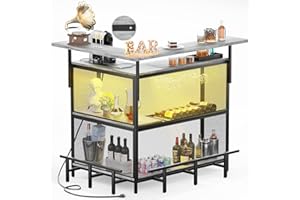 Hyomdeck L Shaped Home Bar with Power Outlet & LED Light, Corner Bar Cabinet with Footrest, Liquor Cabinet with Wine Glass Rack, Coffee Bar Table with Storage for Home Kitchen, Dining Room, Light Oak