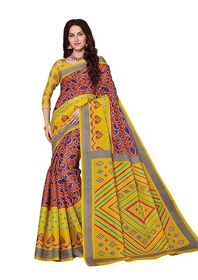 Womens Pure Cotton Ikat Style Printed Saree with Blouse Piece