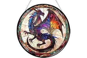 365CUSGIFTS Dragon Stained Glass Suncatcher 4 Season Theme Colorful Leaves Window Wall Hanging Ornament Hand-Painted Glass Panel Decor Gift for Women Christmas Thanksgiving Gift 6.3"