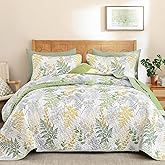 WONGS BEDDING Quilt Queen Size,3 Pieces Sage Green Botanical Bedspread with Farmhouse Leaves Pattern,Soft Lightweight Microfiber Coverlet for All Seasons（96"×90"）