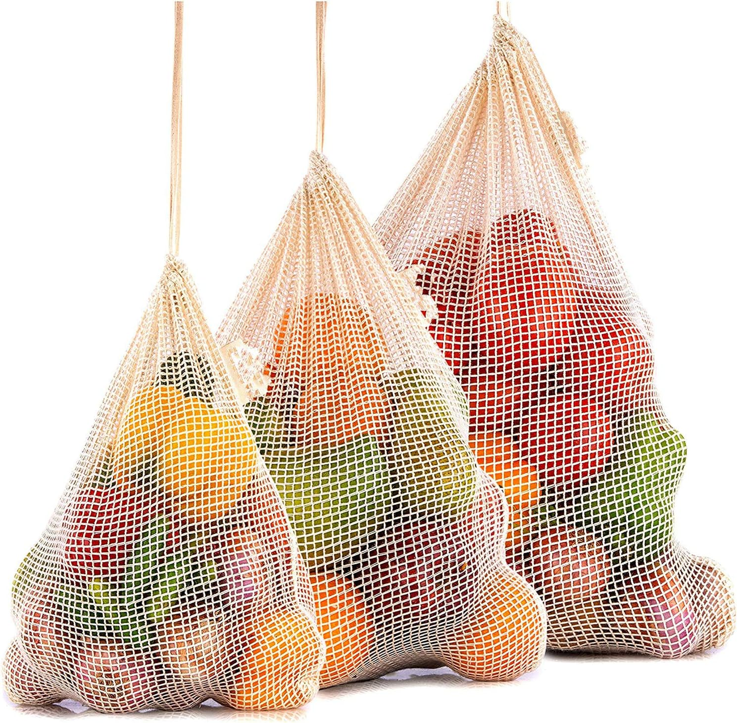 Reusable Produce Bags for Fruit,Veggies,Fridge Organizing,Toys & Books, Lightweight&Drawstring,Double Stitched,Tare Weight Tag,Washable Organic Cotton Grocery Bags for Zero Waste Shopping (9 pcs)