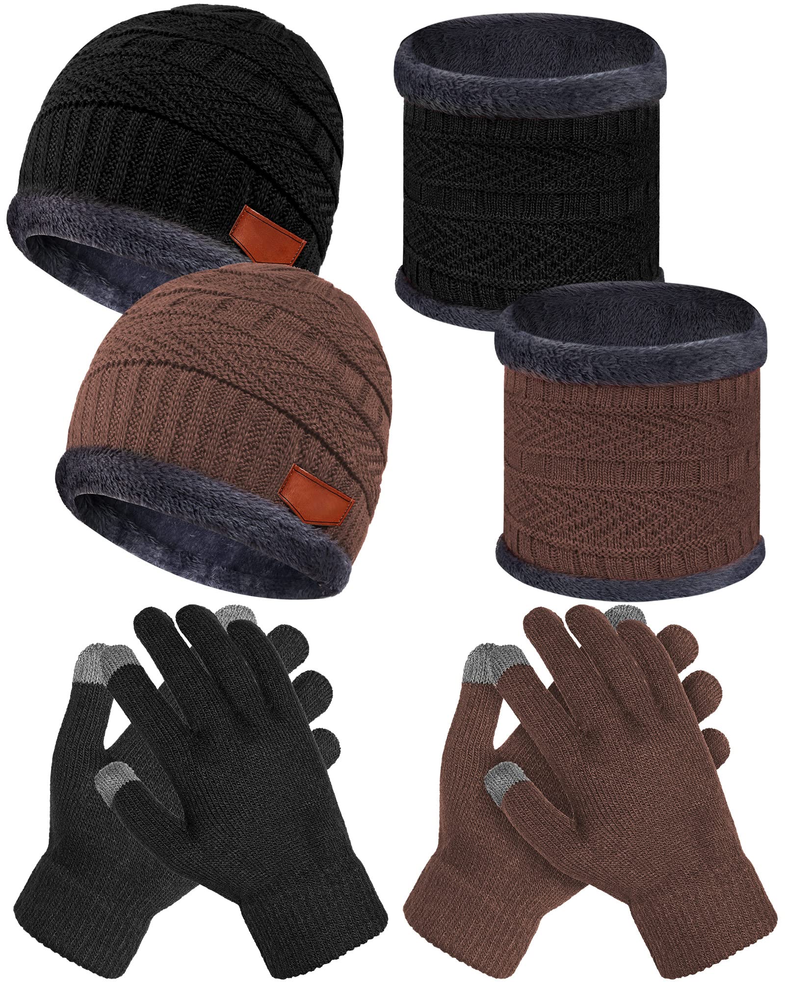 Photo 1 of 6 Pieces Kids Winter Hat Glove Scarf Sets Knitted Toddler Cap Beanie Touchscreen Mitten Neck Warmer for Boys Girls 5-14 Years(Black, Brown)