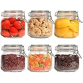 ComSaf 27oz Airtight Glass Canisters with Lids Set of 6, Square Food Storage Jar Container with Clamp Lids for Kitchen Canning Cereal Coffee Pasta Sugar Beans Spice, Clear Mason Jars with 12 Labels