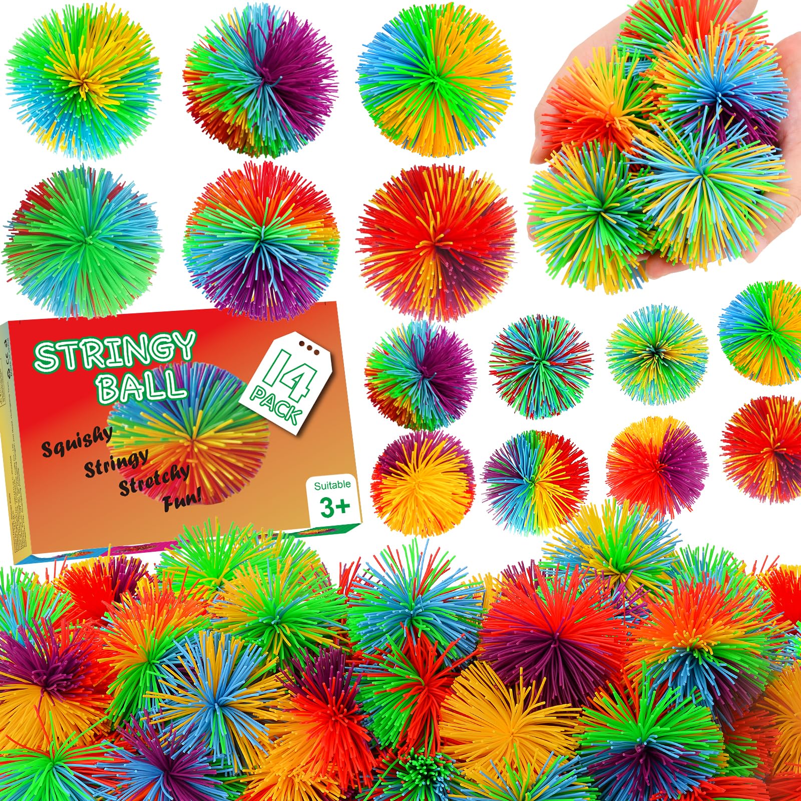 14PCS Stringy Balls, Sensory Stringy Ball, 2.75 inch Soft Rainbow Pom Bouncy, Easter Egg Fillers Basket Stuffers, Monkey Pom Balls Fidget Toys Stress Ball, Party Favors Birthday Gifts (Multi-Color)
