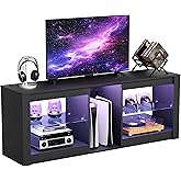 GRLEAF LED TV Stand for 50/55/60/65 Inch TV, Entertainment Center with Lights, Modern TV Console with Glass Shelves and Storage Cabinet, Media Center for Gaming Living Room Bedroom -Carbon Fiber Black
