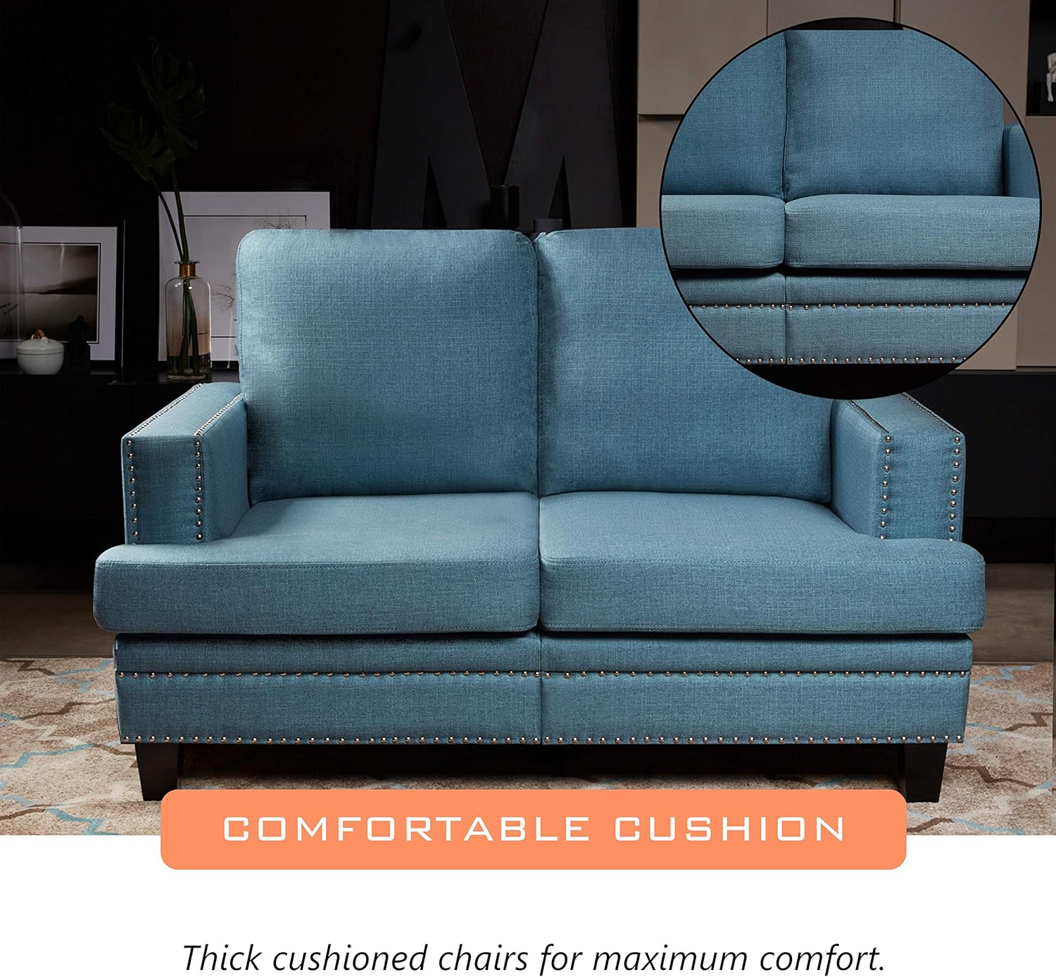 LOKATSE HOME Classic Upholstered 52 Inch Wide Loveseat Sofa Living Room Furniture Couch with Sturdy Wood Frame Construction, 2-Seat, Blue: Furniture & Decor
