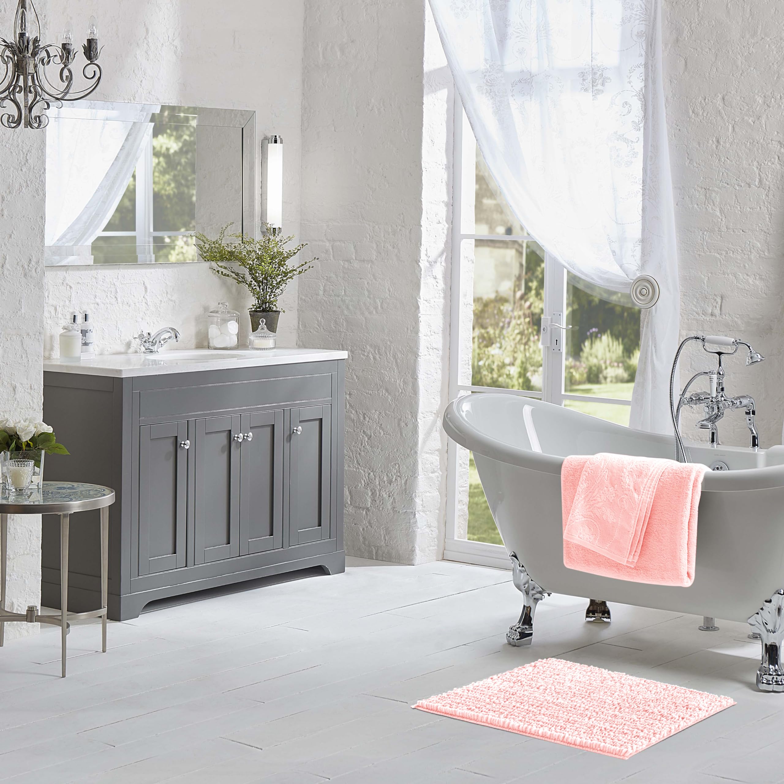 Laura Ashley Butter Chenille Bath Rug, Absorbent Shaggy Bathroom Mat, Non Slip Plush Carpet Rugs for Tub and Sink - (20" x 34") Pink Mist