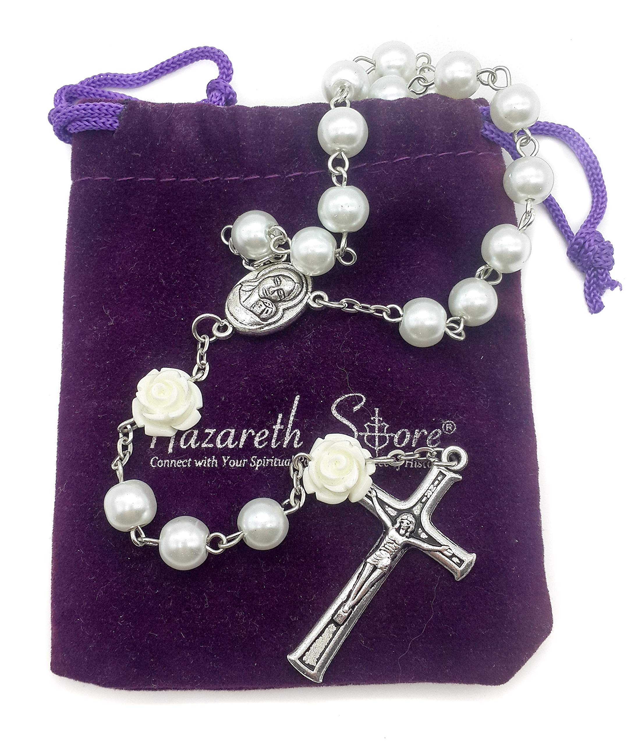 Nazareth Store White Pearl Beads Rosary Roses Mystery Beads Prayer Necklace Our Rose Lourdes Medal and Cross Crucifix, Zinc
